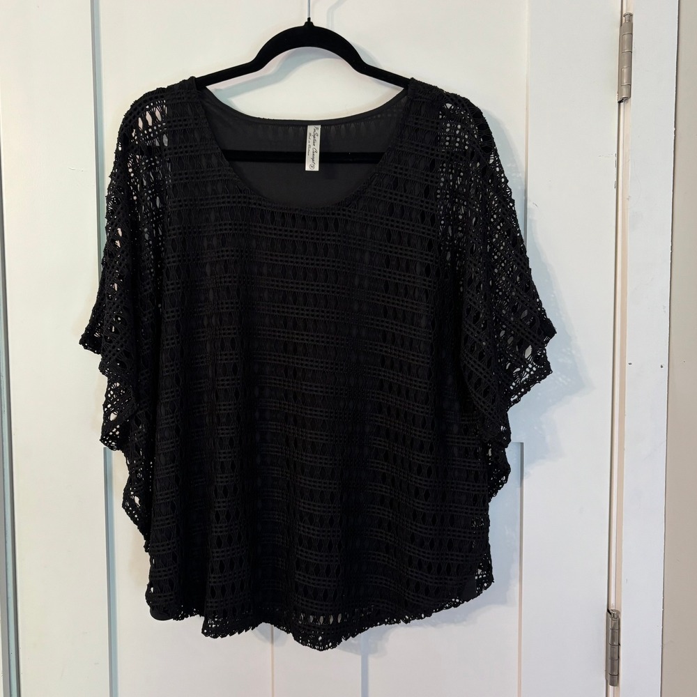 Perseption Concept Black Crochet Knit Blouse Medium Kimono Sleeve Boho Festival‎